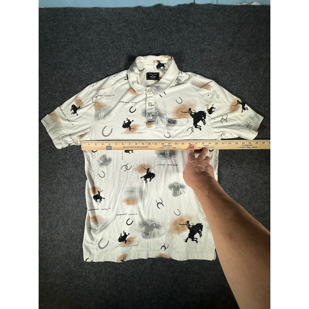Kimes Ranch Mens M Bayard Polo Shirt Western Bronc Rider Horseshoe Print Cream - Picture 7 of 9